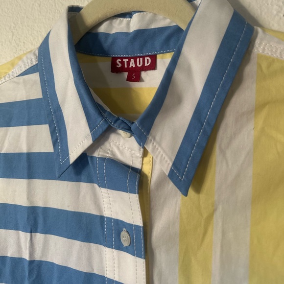 NWT STAUD Colton Shirt Yellow Blue Stripes Women’s Size S - Picture 2 of 9